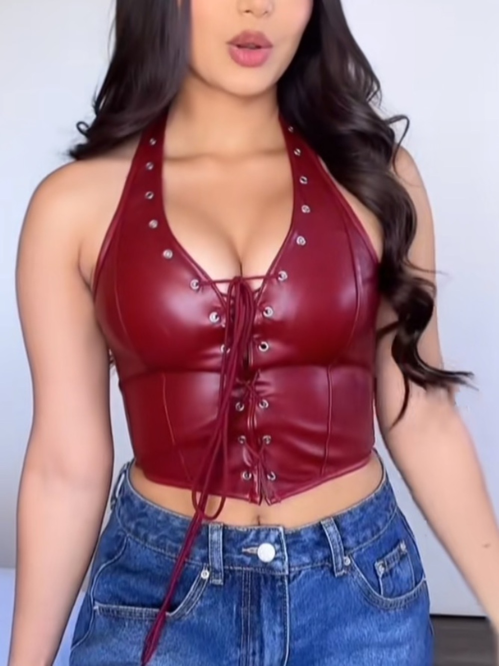 Women's Burgundy Lace-Up Faux Leather Halter Crop Top